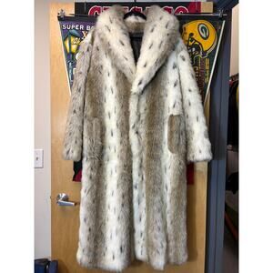Vintage Falcone Faux Fur Long Coat Mens Medium Brown Bobcat Style USA Jacket Y2K